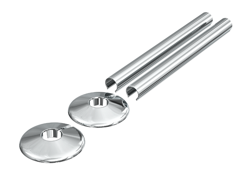 Chrome metal radiator pipe sleeves with collar discs, 2-pack, for 15mm pipes