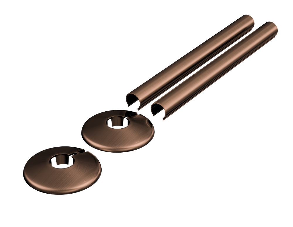 Brushed bronze radiator pipe sleeves with clip-on collars, 2-piece set
