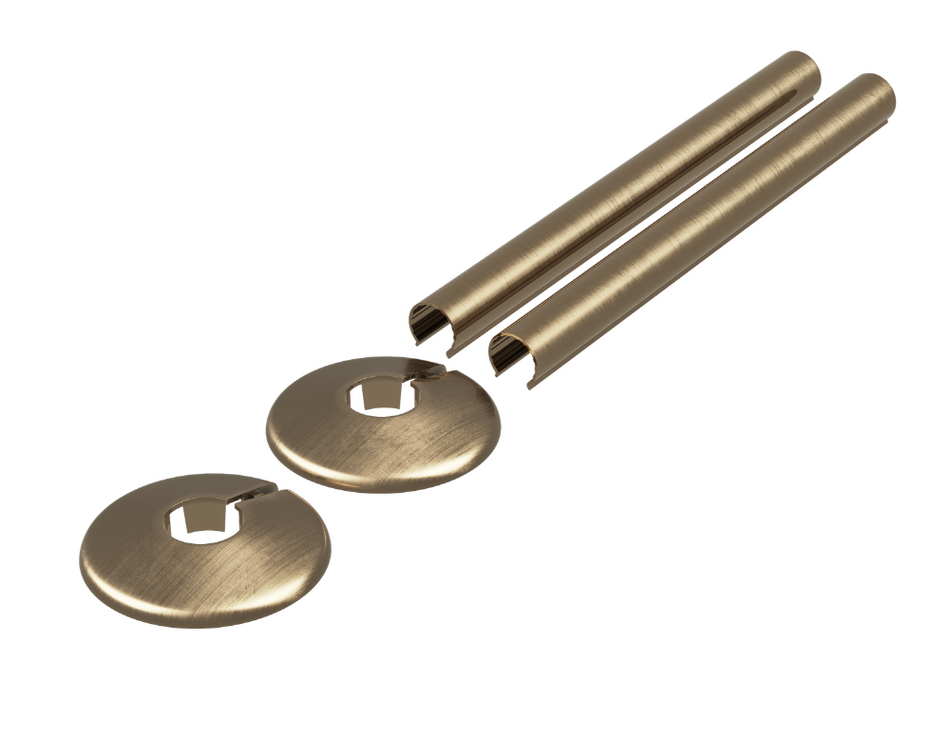 Antique brass radiator pipe sleeve covers with clip-on collars, two-piece set, 15mm.