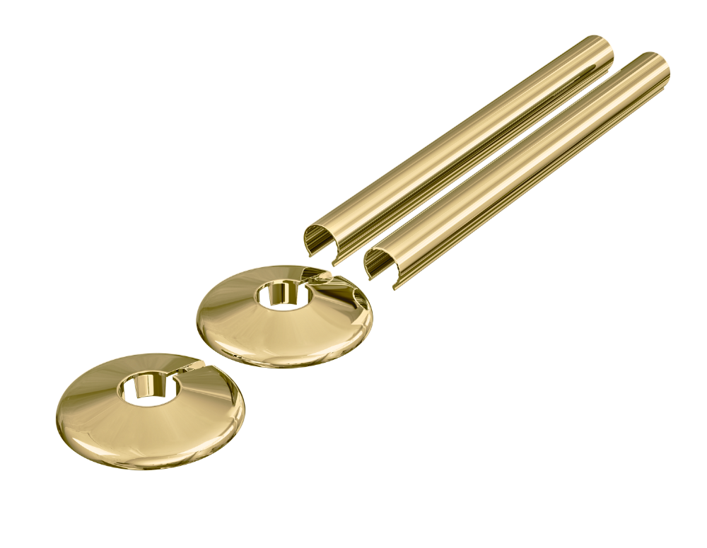 Polished brass radiator pipe sleeve covers with clip-on collars, 2-piece set