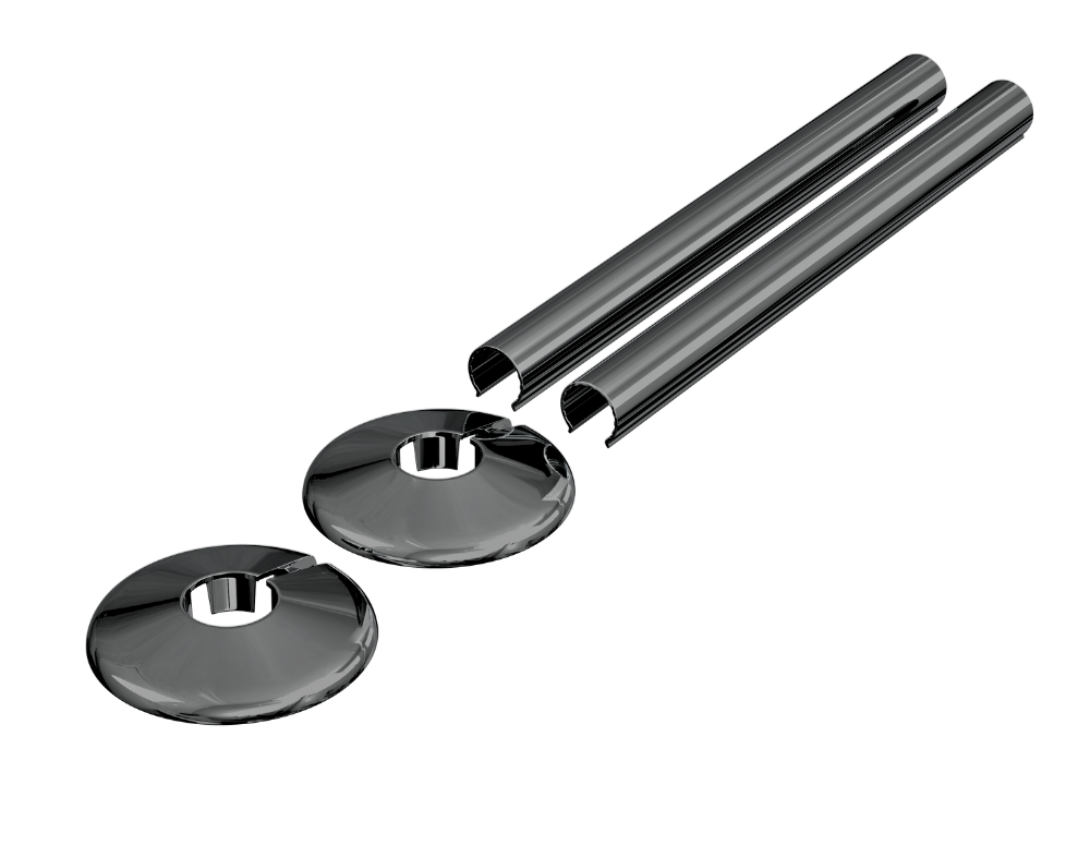 Black nickel radiator pipe sleeve covers and collars, 15mm x 200mm, 2-pack