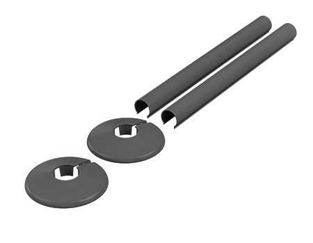 Anthracite metal radiator pipe sleeves with clip-on collars, 15mm x 200mm (2 pack)