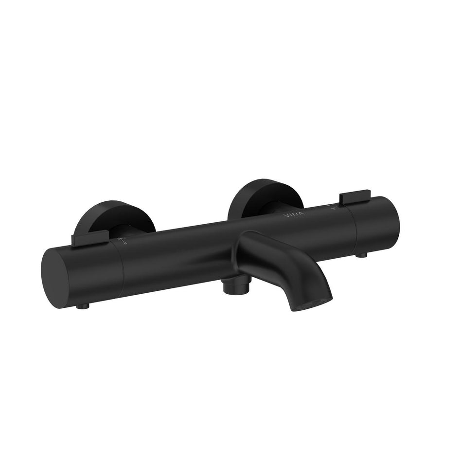 Thermostatic bath/shower mixer, matt black finish with round control knobs