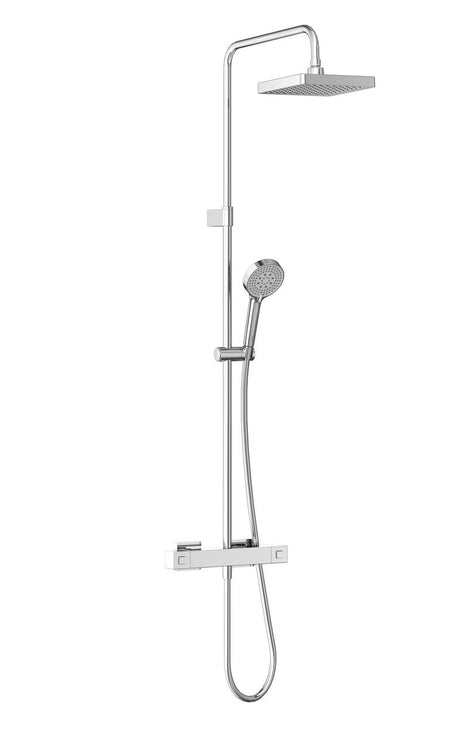 Chrome square rain shower mixer set with handheld sprayer and flexible hose