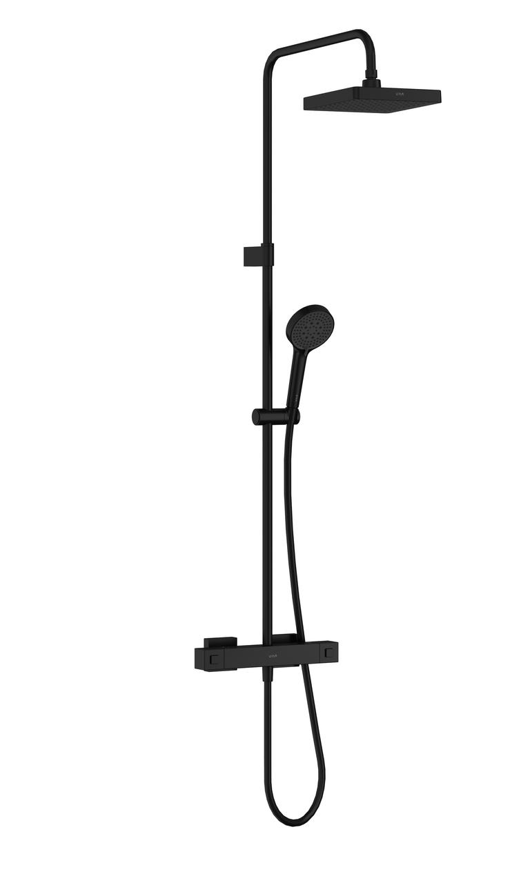 Matt black square shower mixer set with ceiling showerhead and handheld sprayer