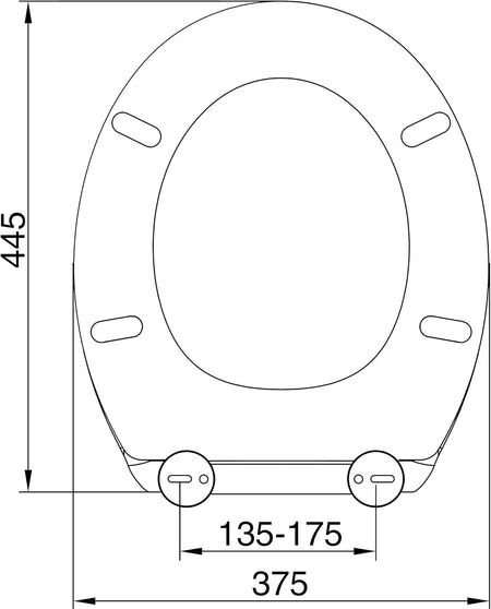 Toilet seat diagram with dimensions and one-button release hinge layout