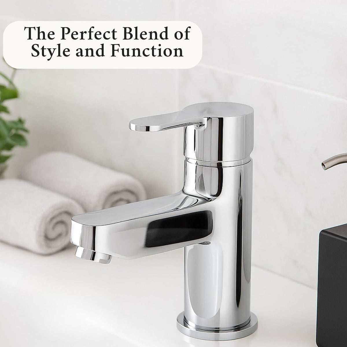 Polished chrome bathroom sink mixer tap with single lever and high curved spout