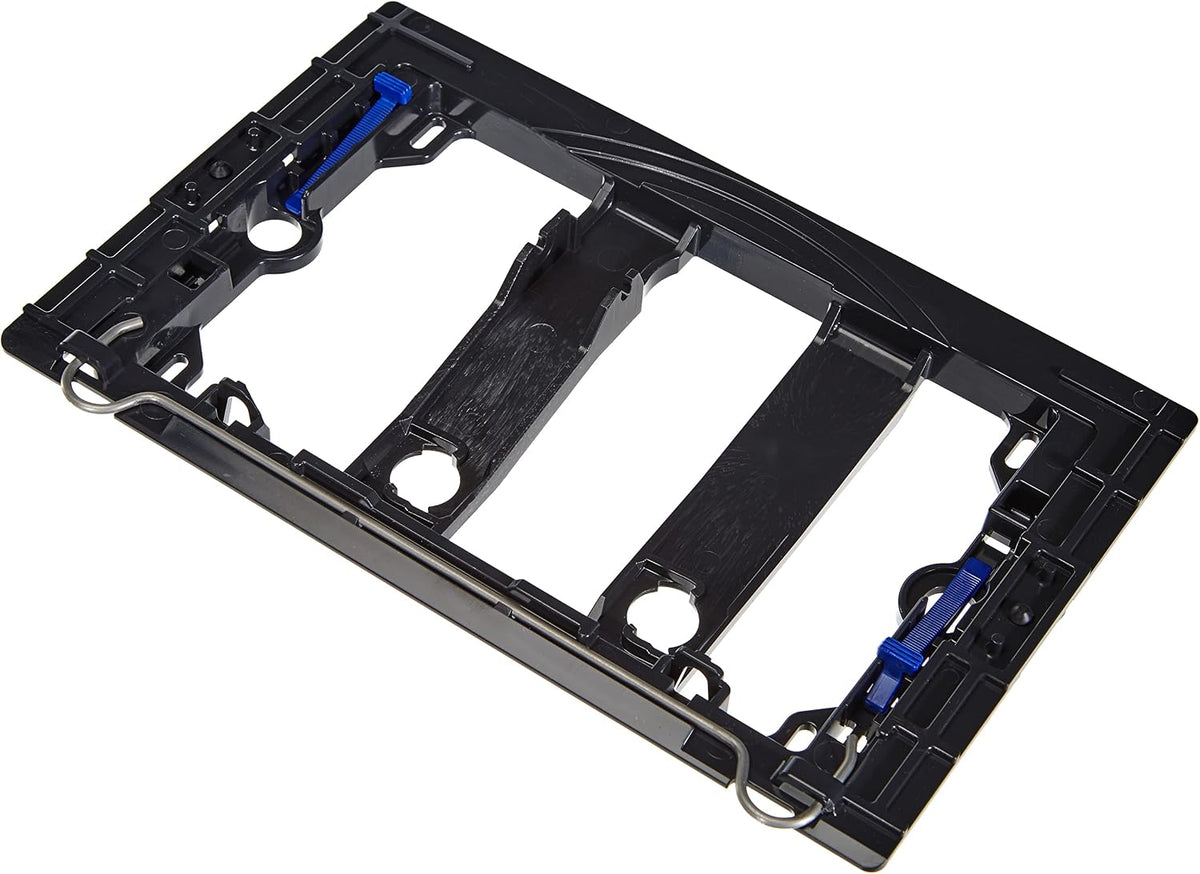 Black flush plate mounting frame with two blue release tabs, plastic