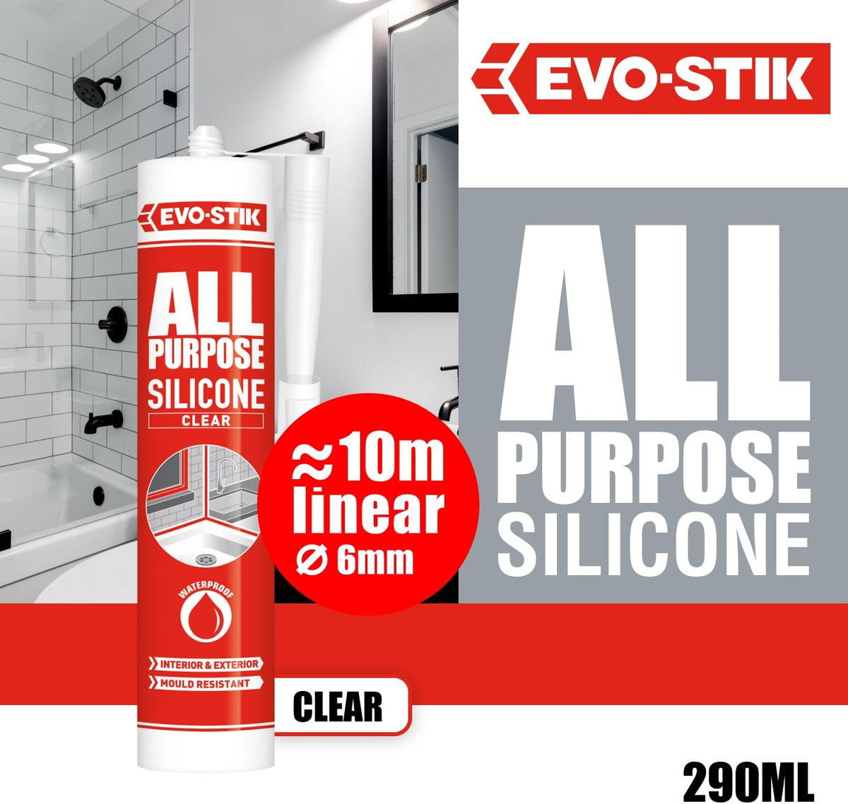 Clear all-purpose silicone sealant cartridge, 290 ml, waterproof and mould resistant