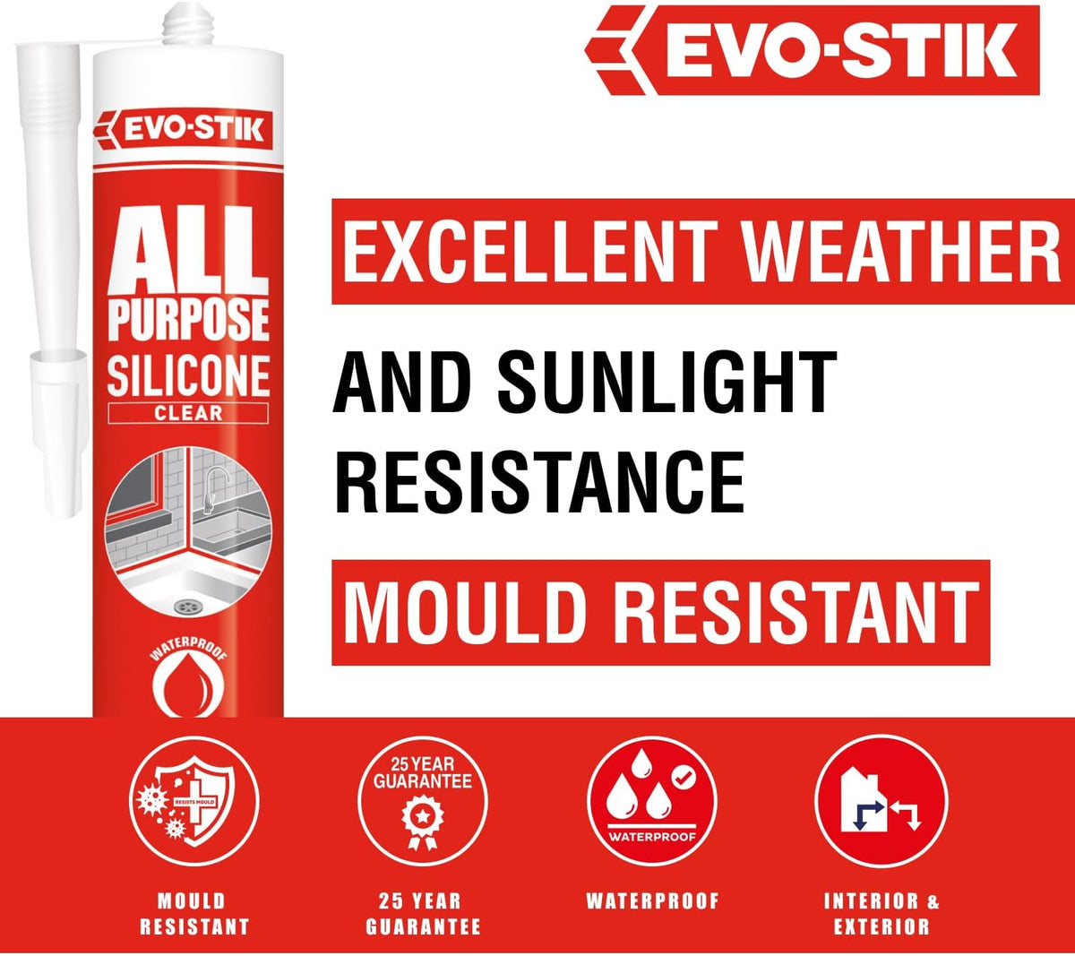 Clear all-purpose silicone sealant cartridge for weather and sunlight resistance