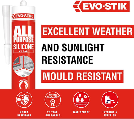Clear all-purpose silicone sealant cartridge for weather and sunlight resistance