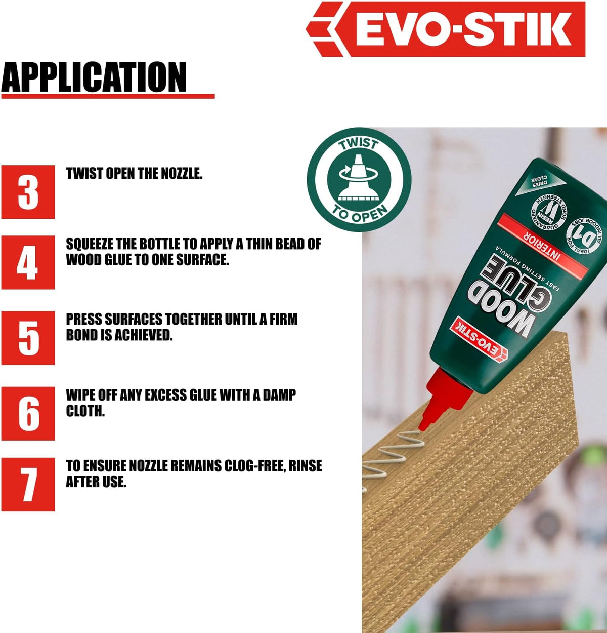 EVO-STIK wood glue squeeze bottle with red nozzle applying glue to wood surfaces