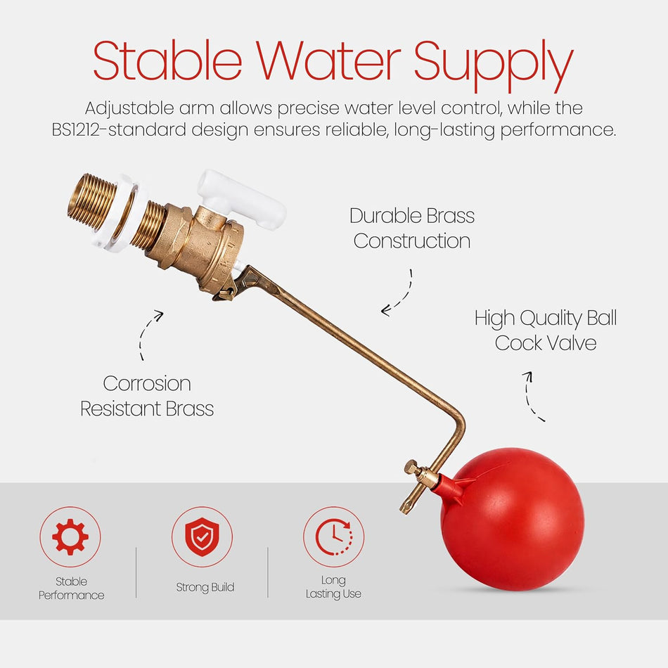 Brass ball-cock float valve with adjustable arm and red float ball