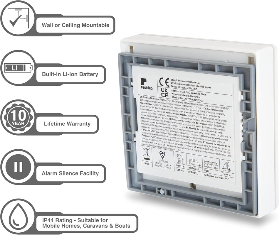 White wall-mount carbon monoxide detector with back mounting plate and label details