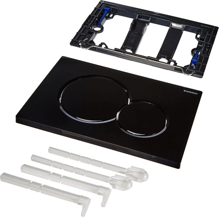 Black flush plate with two circular push buttons and plastic mounting parts