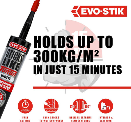 EVO-STIK Turbo adhesive cartridge, holds up to 300kg/m², fast setting