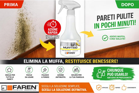 Moldy wall surface with trigger-spray cleaner bottle and yellow cleaning graphics