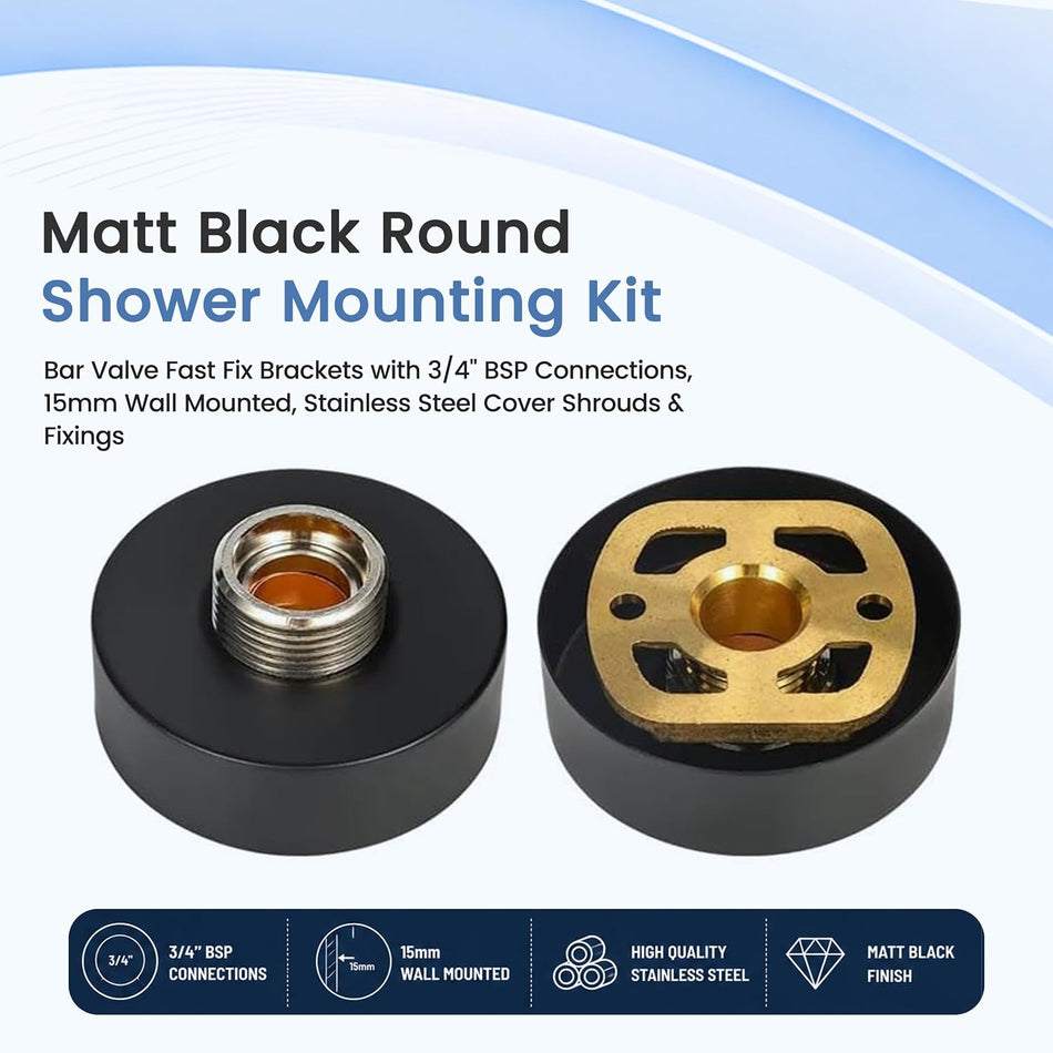 Matte black round shower mounting kit showing front cover and brass backplate, 3/4 BSP