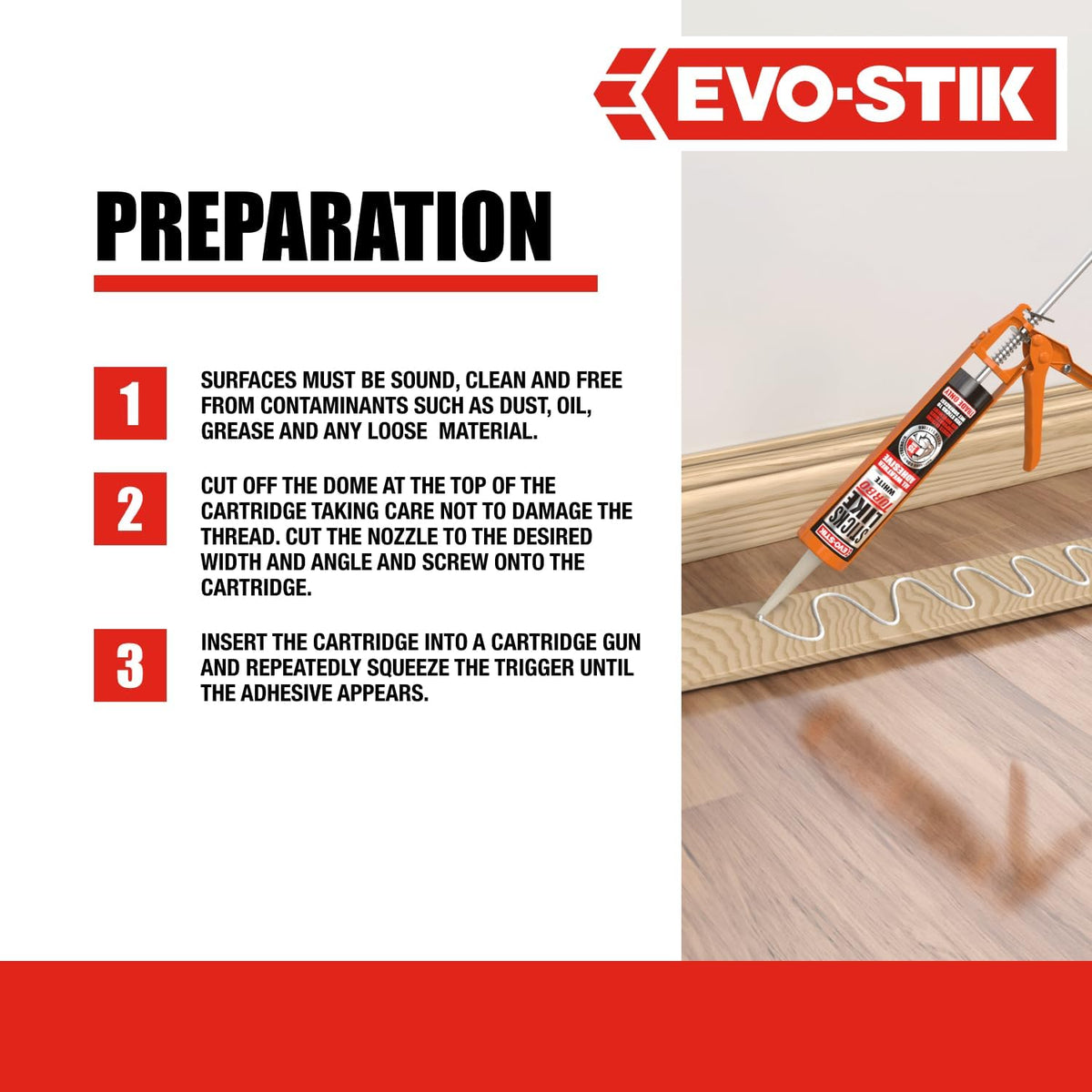 All-weather adhesive cartridge preparation with caulking gun nozzle on wood