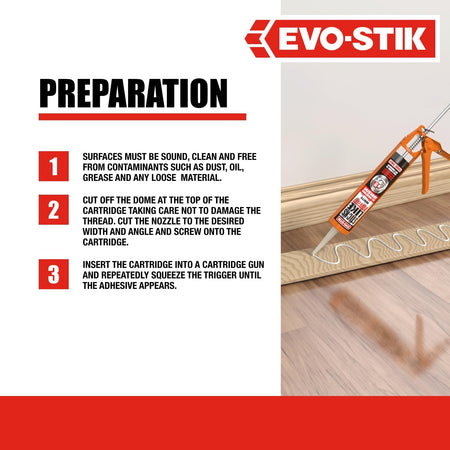 All-weather adhesive cartridge preparation with caulking gun nozzle on wood