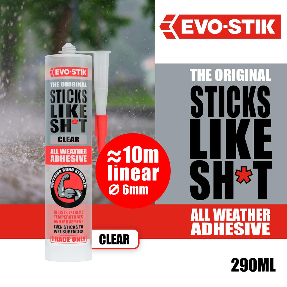 EVO-STIK clear all-weather adhesive bottle, 290 ml, showing 10m linear and 6mm tip