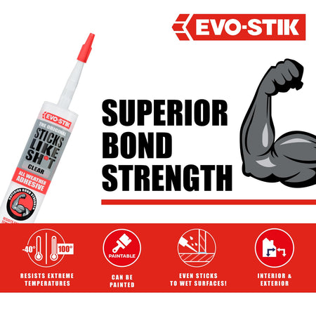 EVO-STIK clear adhesive tube with red nozzle, 290 ml, strength graphic on pack
