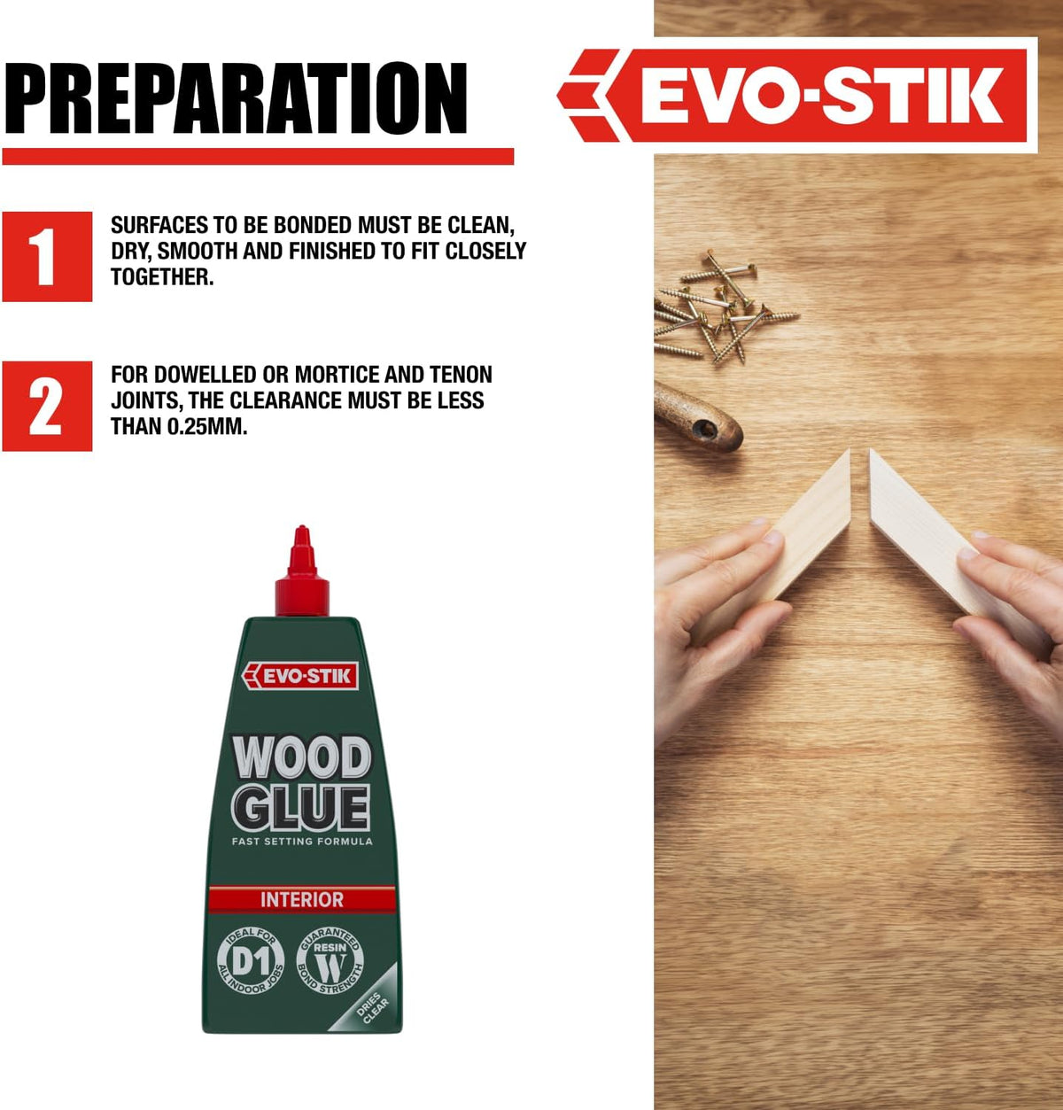 EVO-STIK interior wood glue bottle, red nozzle, green label; suitable for wood