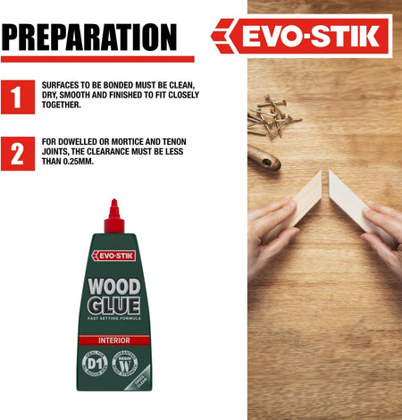 EVO-STIK interior wood glue bottle, red nozzle, green label; suitable for wood