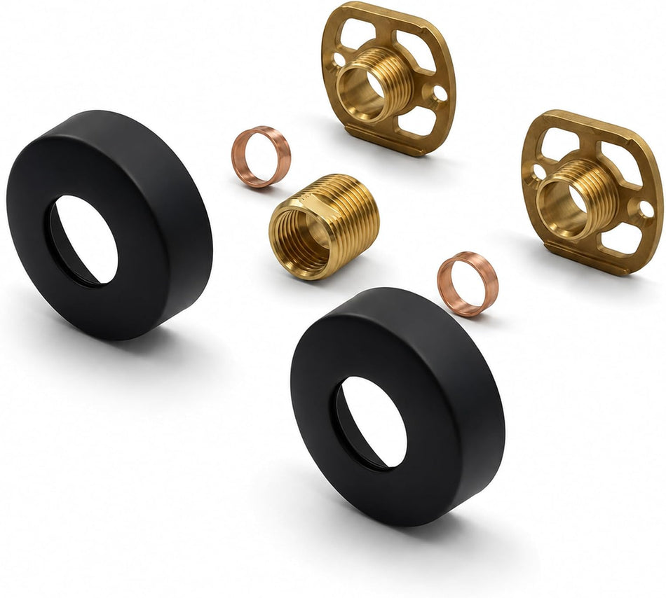 Matte black round shower mounting kit with brass 3/4 BSP connections and covers