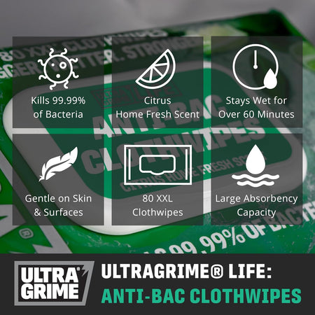 Green UltraGrime anti-bac cloth wipes pack, 80 XXL, large absorbency, stays wet 60 minutes.