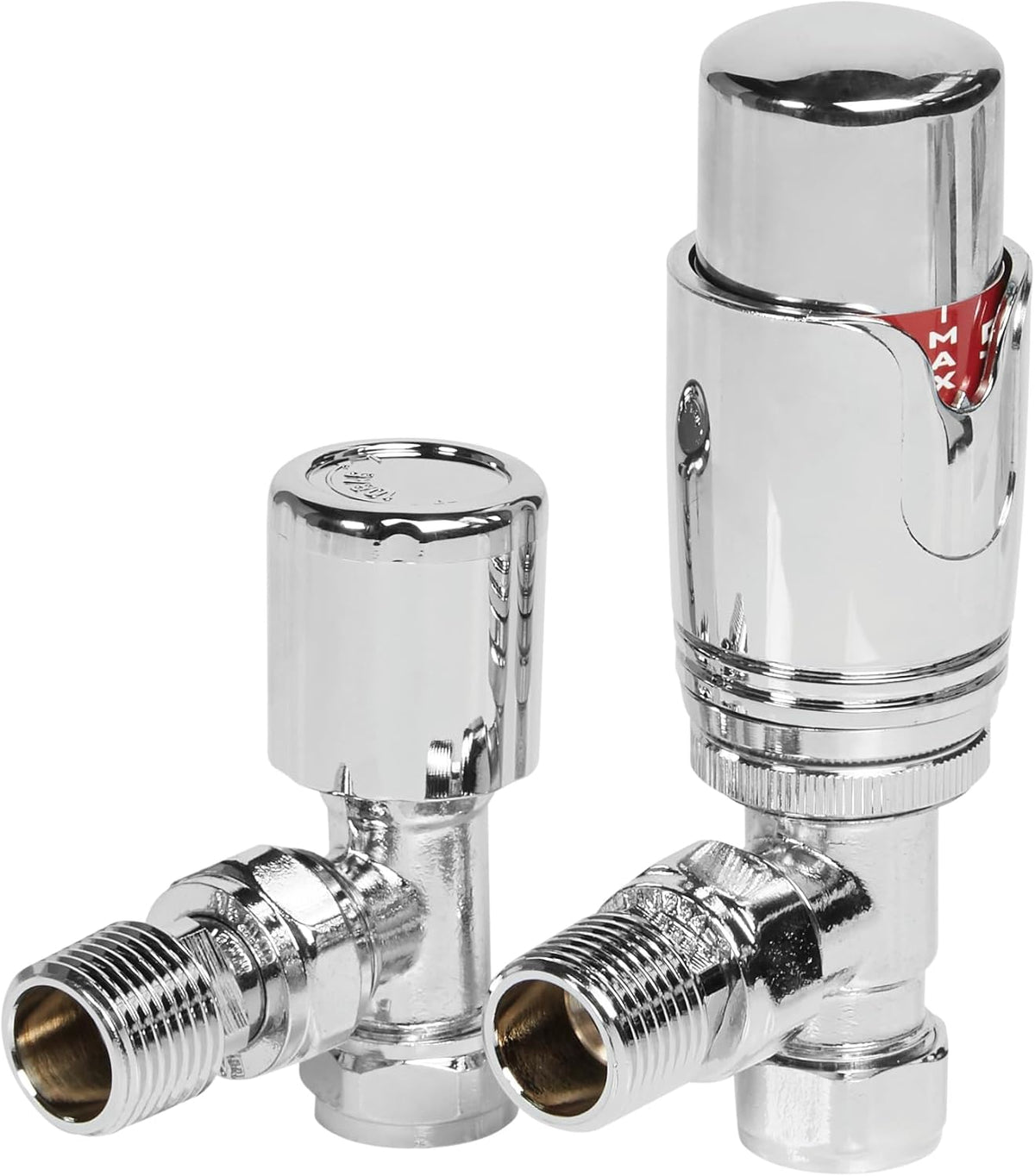 Chrome angled radiator thermostatic valve set with lockshield ends and threaded connections