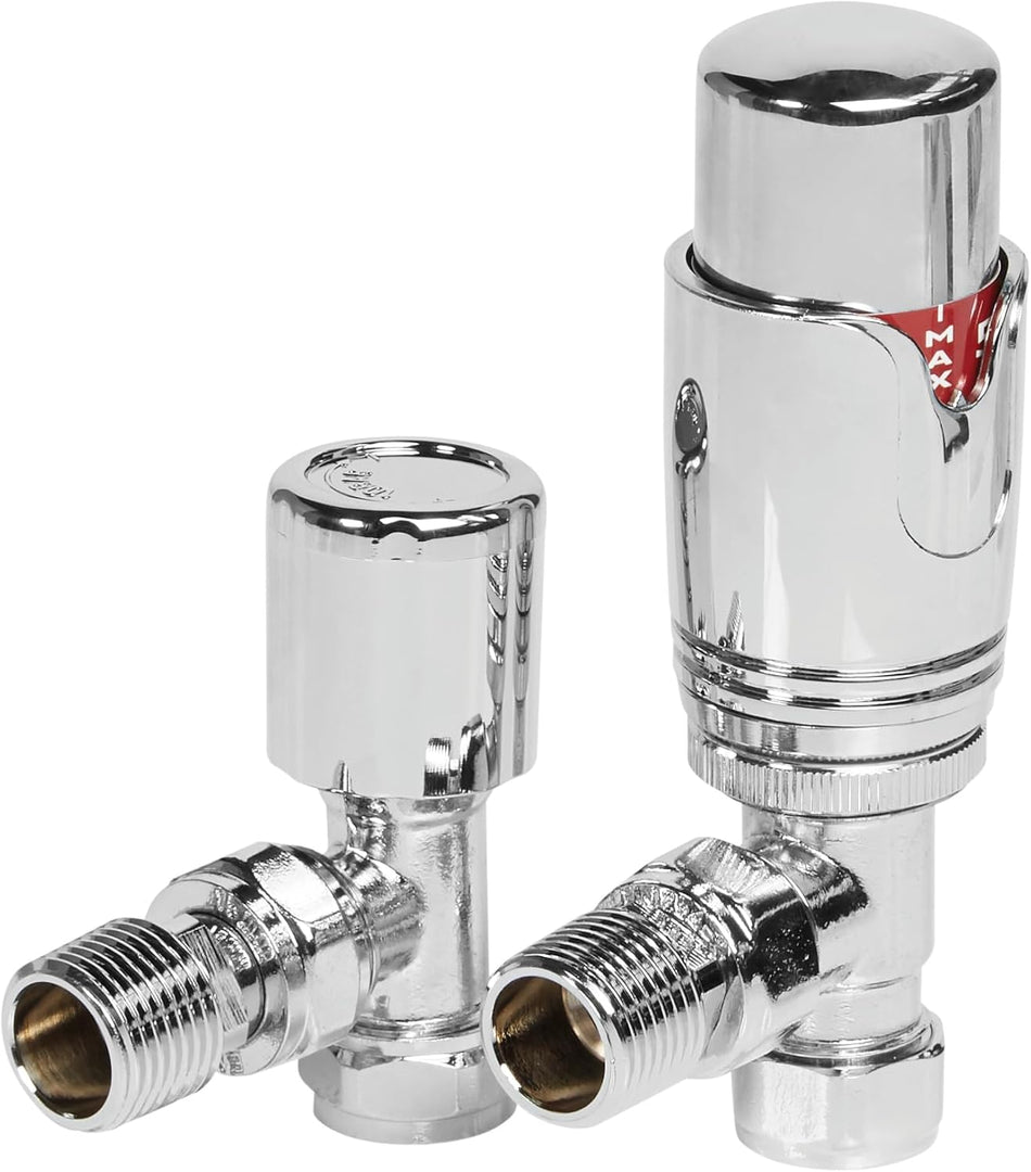 Chrome angled radiator thermostatic valve set with lockshield ends and threaded connections