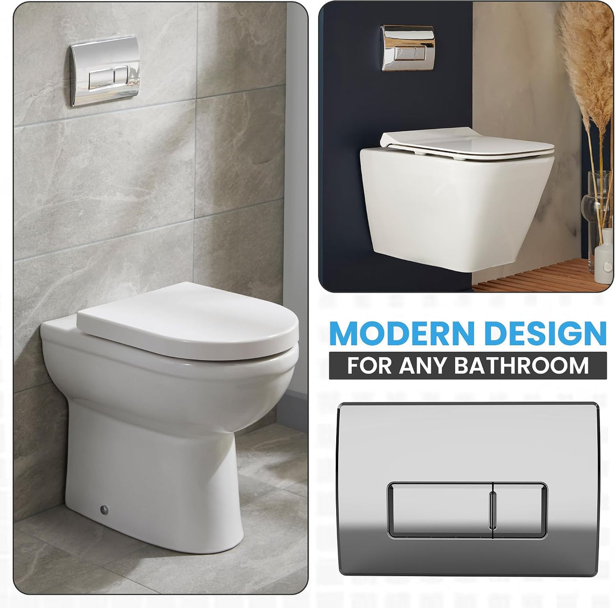 Chrome dual flush plate mounted on wall beside a white toilet