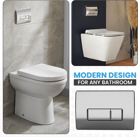 Chrome dual flush plate mounted on wall beside a white toilet
