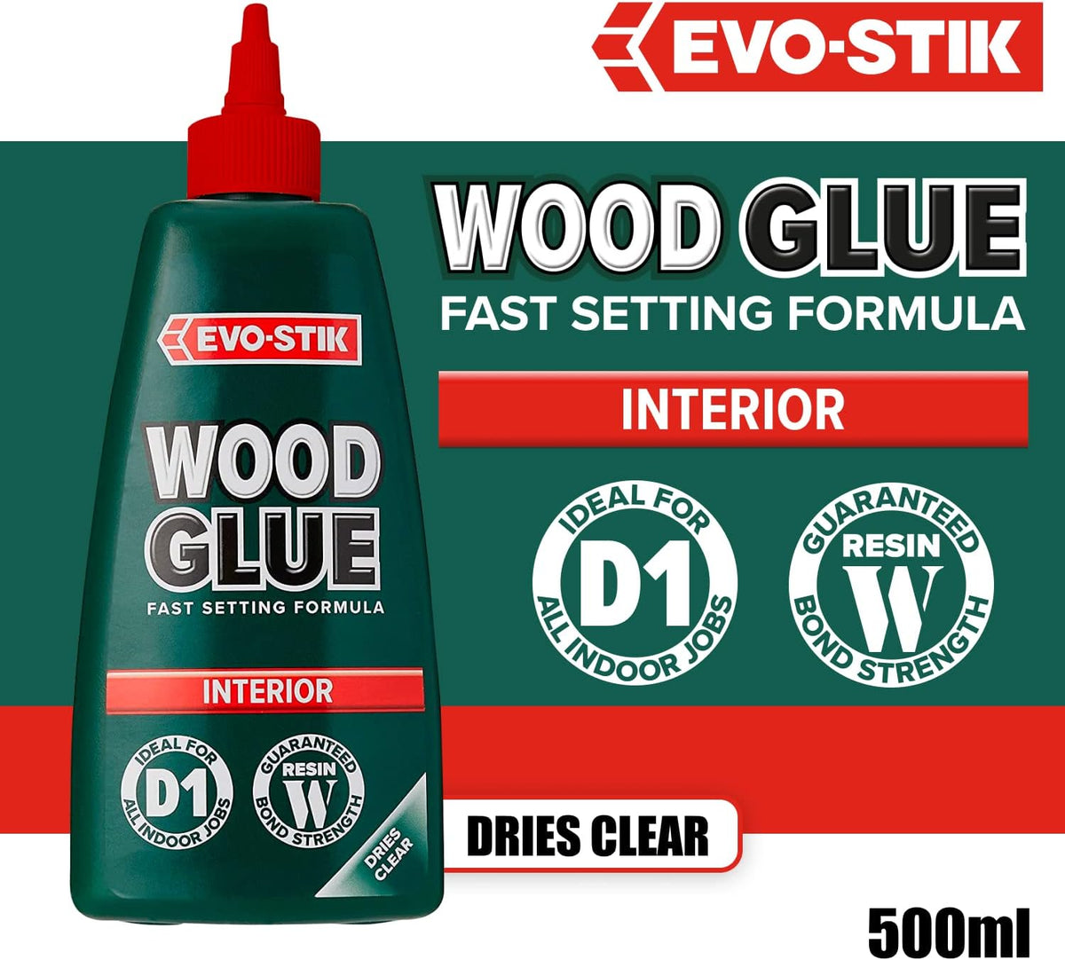 EVO-STIK wood glue bottle for interior use, fast setting; red nozzle, 500 ml