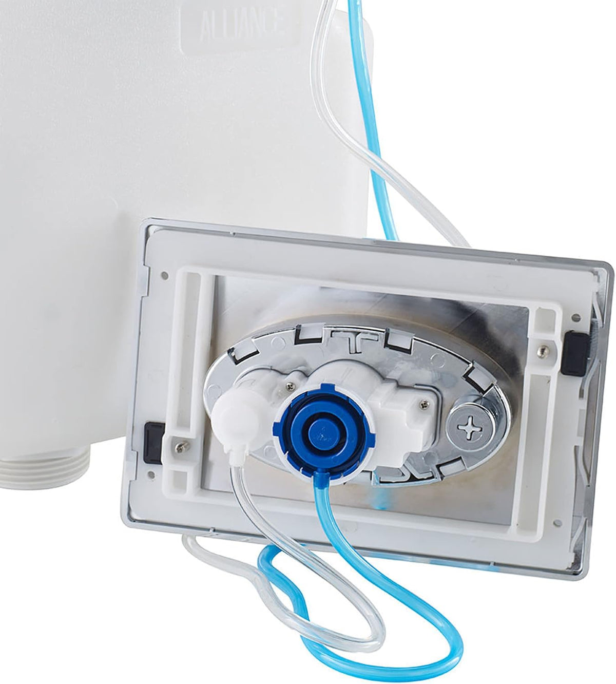 Concealed cistern dual-flush pneumatic flush plate mechanism with blue actuator