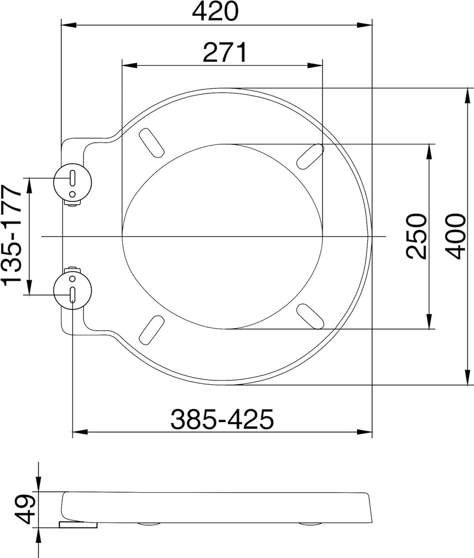 Round toilet seat, white, soft-close design with size dimensions