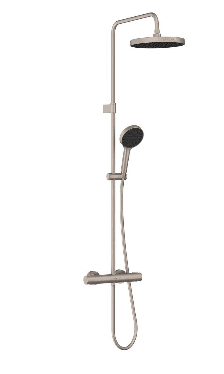 Brushed nickel round shower mixer with overhead showerhead and matching handshower