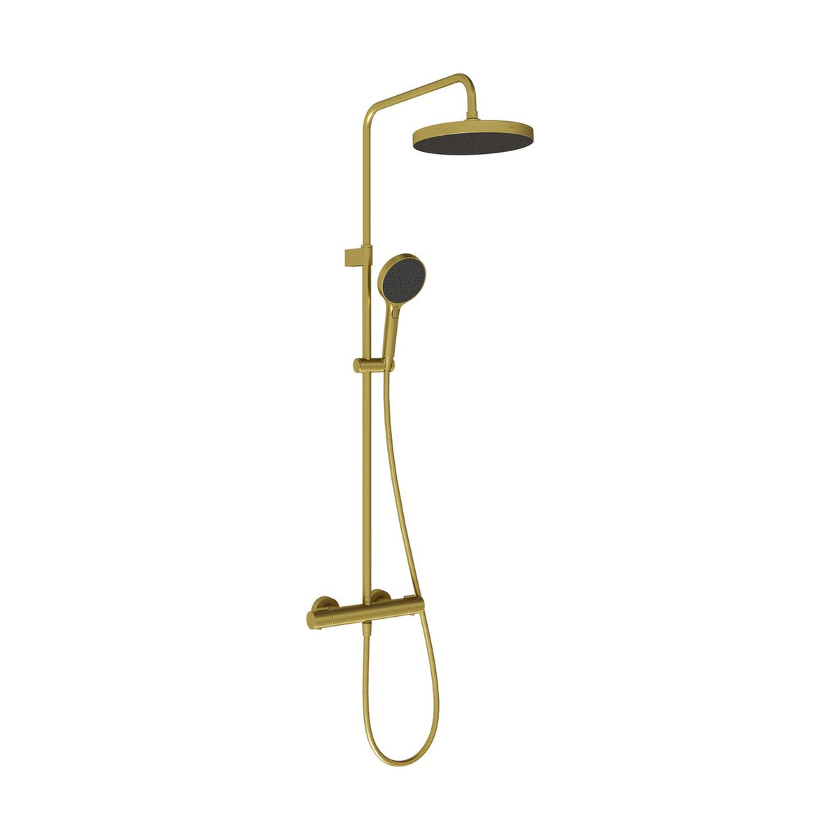 Brushed brass round shower mixer with overhead showerhead and handshower