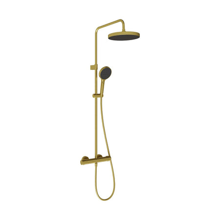 Brushed brass round shower mixer with overhead showerhead and handshower