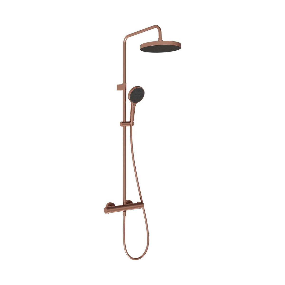 Brushed bronze round shower mixer with overhead showerhead and handshower