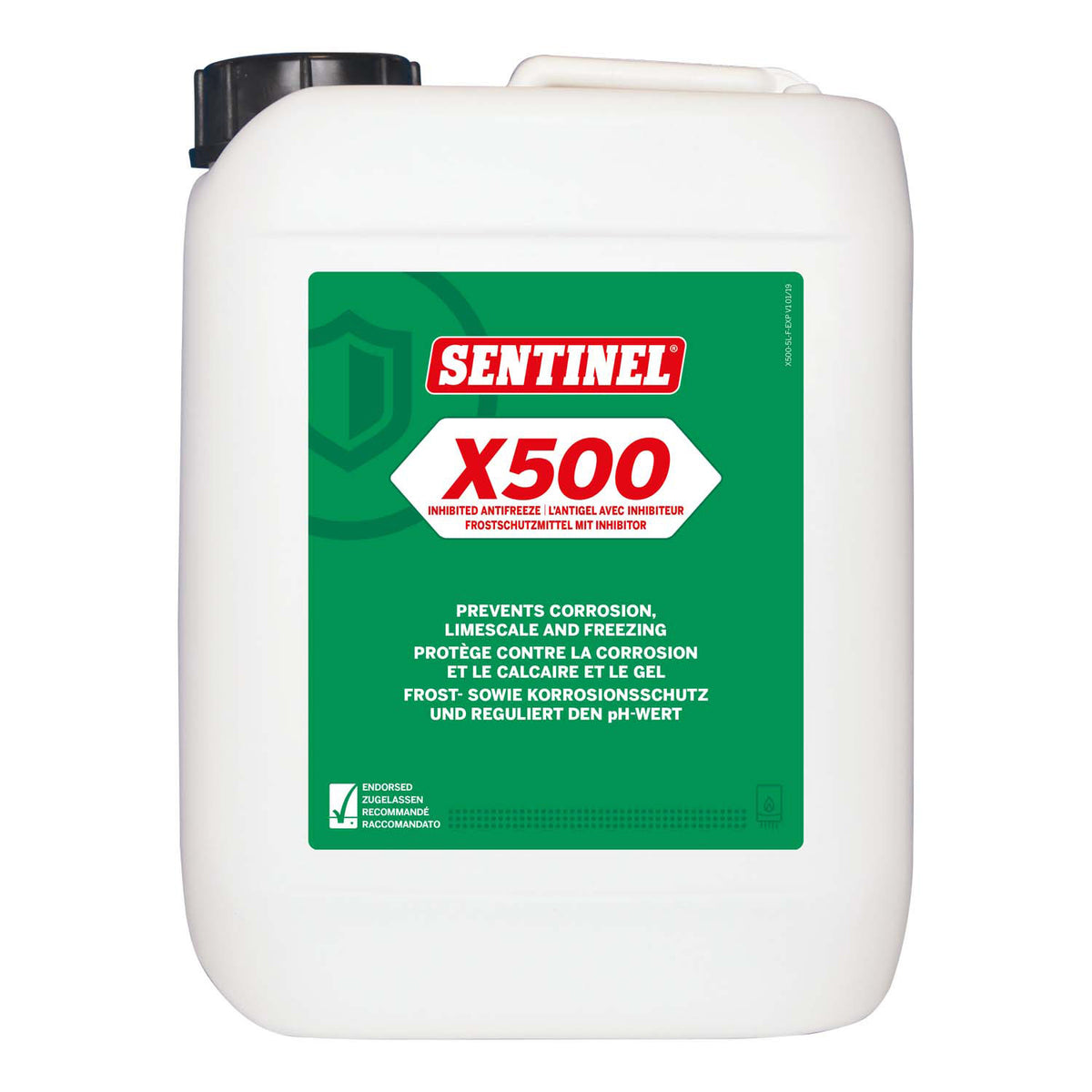 Sentinel X500 inhibited antifreeze container with green label, anti-corrosion protection