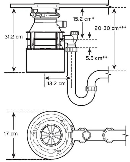 Waste disposer unit with air switch, technical line diagram with measurements
