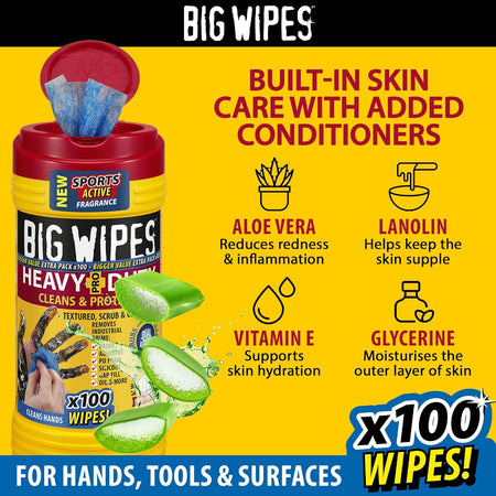 Big Wipes wipes dispenser tub with open red lid and skin-care conditioner icons