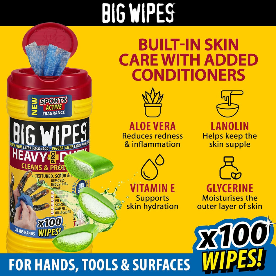 Big Wipes wipes dispenser tub with open red lid and skin-care conditioner icons