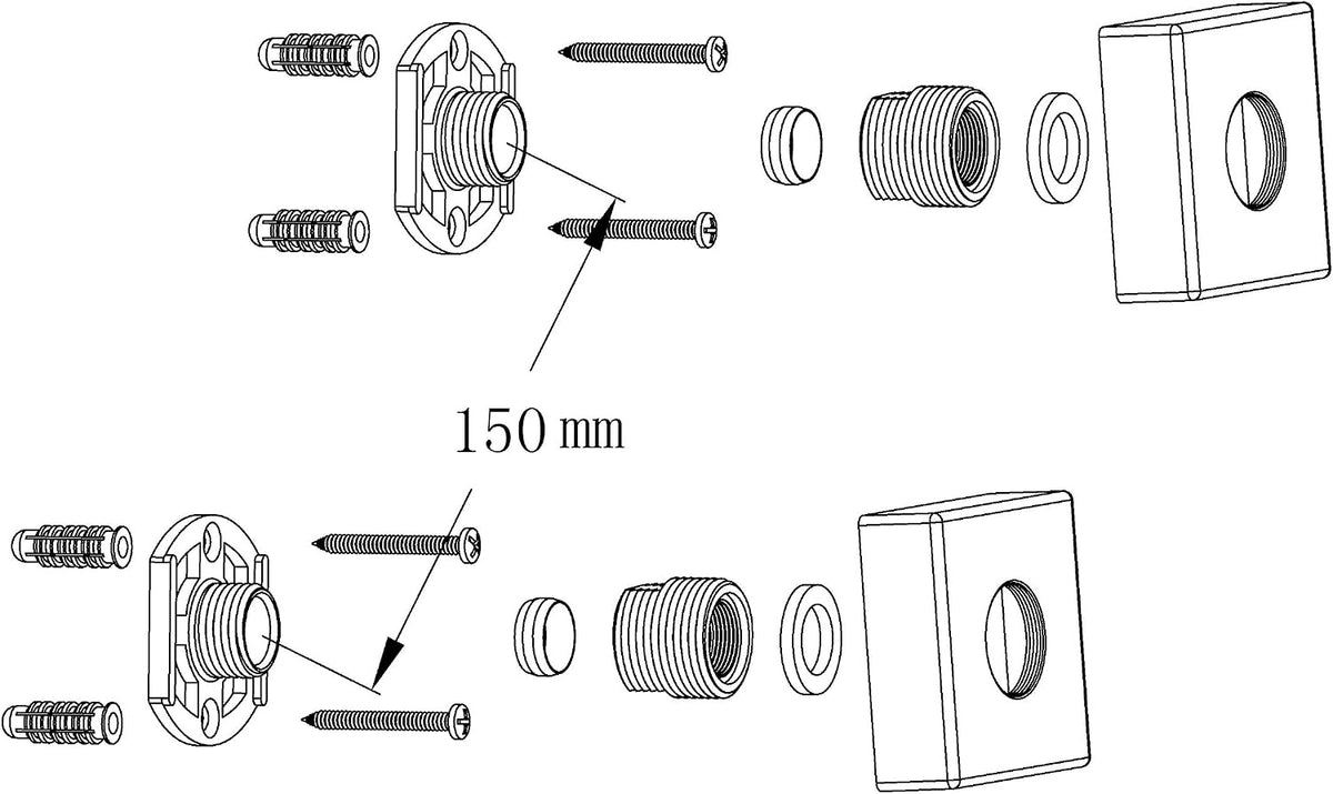 Exploded view of shower mixer valve assembly with 150 mm measurement and fastening parts
