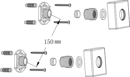 Exploded view of shower mixer valve assembly with 150 mm measurement and fastening parts