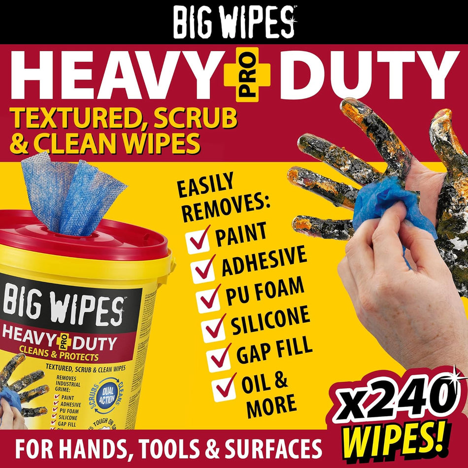 Heavy-duty textured wipes with PRO packaging graphic and hand scrubbing, x240