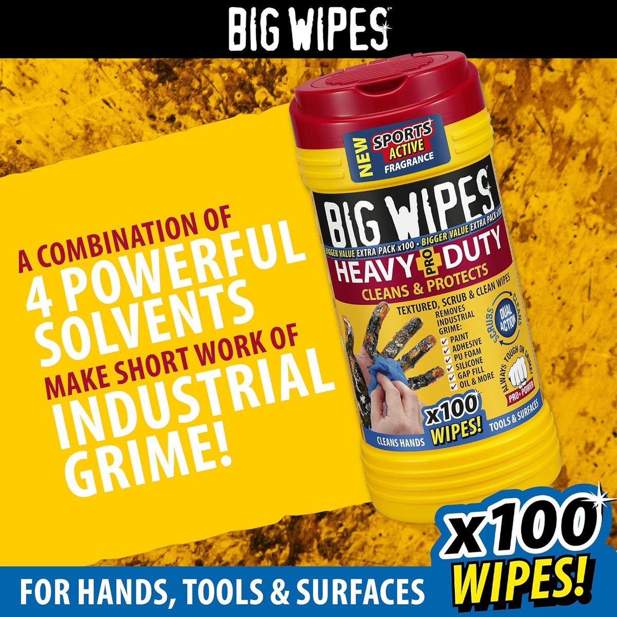 Big Wipes heavy duty wipes tub labeled x100 for hands, tools, and surfaces