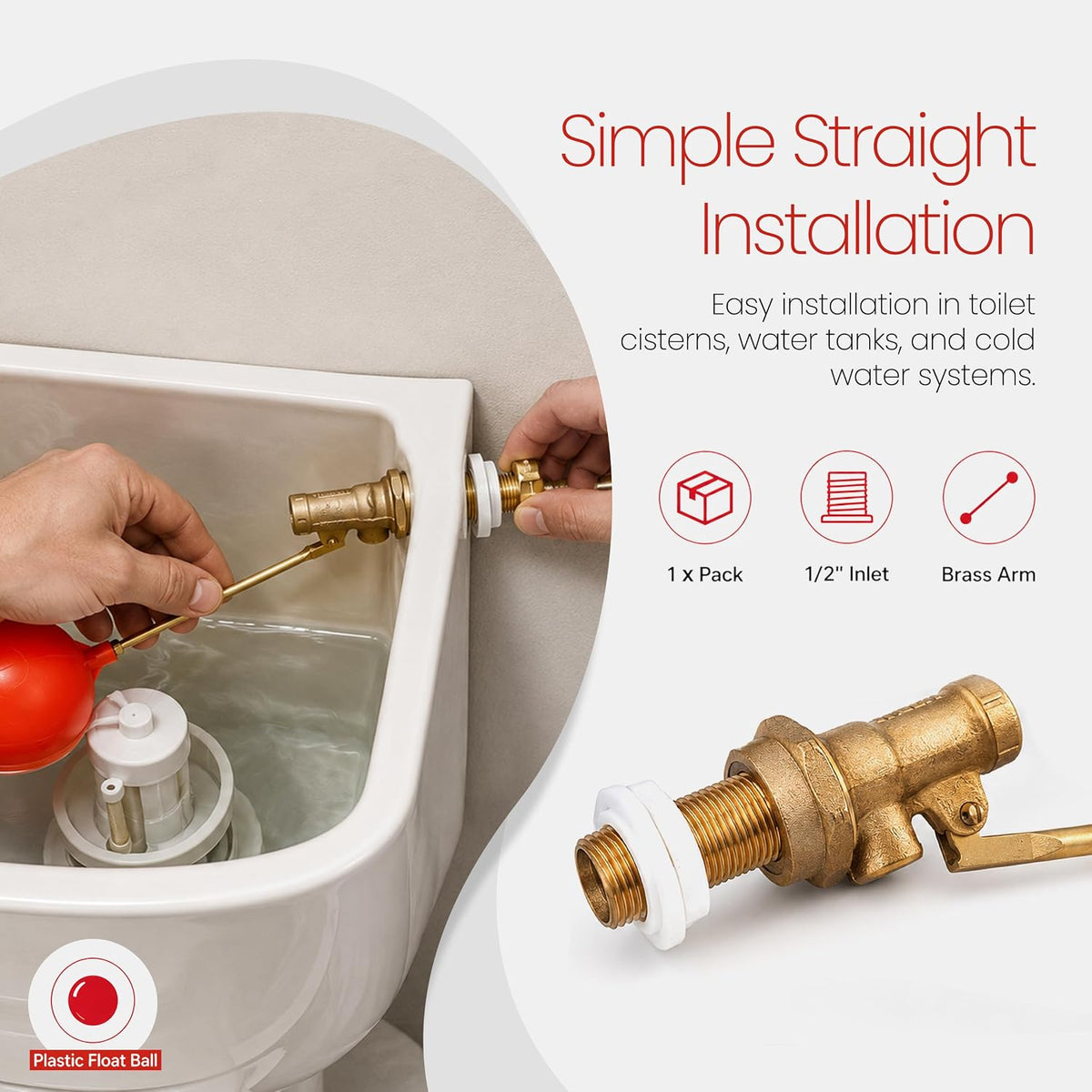 Brass straight float valve with red plastic ball and white plastic inlet parts